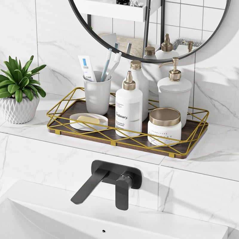 Lixple Toilet Paper Basket Holder, 13" Bathroom Tray Countertop, Wood and Metal Toilet Tank Tray Bathroom Vanity Organizer for Toiletry, Kitchen Sink Organizer for Soap Dispenser (Brown+Gold) - Image 4
